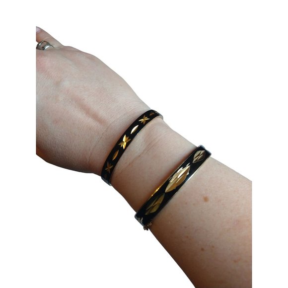 Vintage Black and Gold Set of 2 Bangle Bracelets Estate Jewelry - Picture 8 of 10